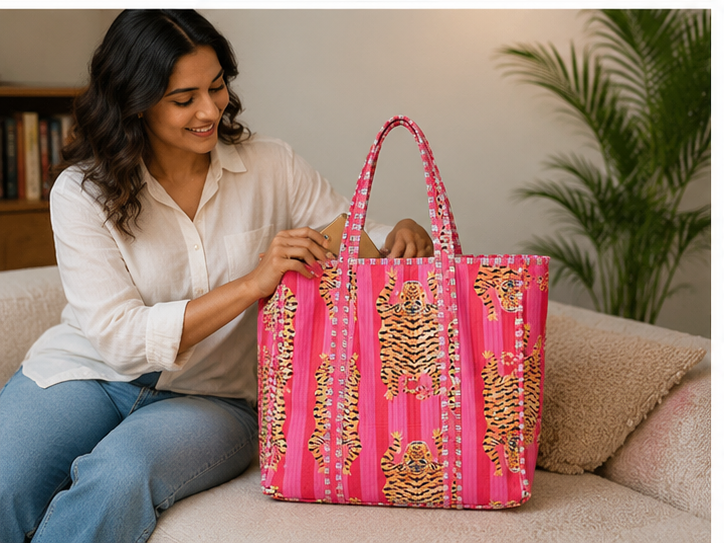Handmade Quilted Pink Tote Bag | 100% Cotton, Reversible, Beach & Grocery Bag