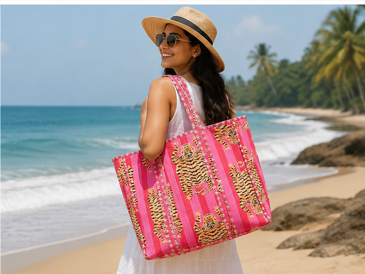 Handmade Quilted Pink Tote Bag | 100% Cotton, Reversible, Beach & Grocery Bag