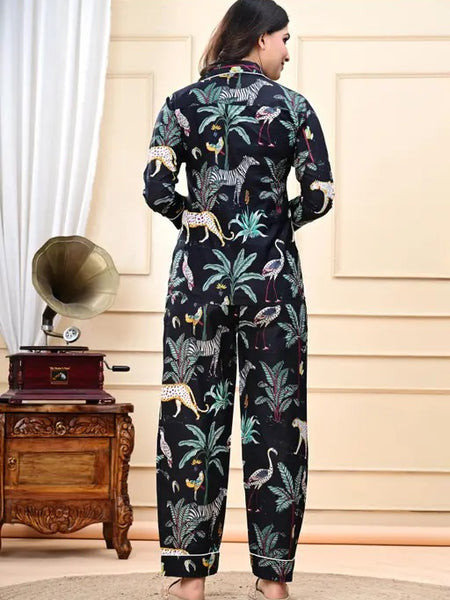 Black Tiger Print Cotton Pajama Set - Soft Indian Cotton Nightwear | Pure Cotton PJ's & Bridesmaid Gift