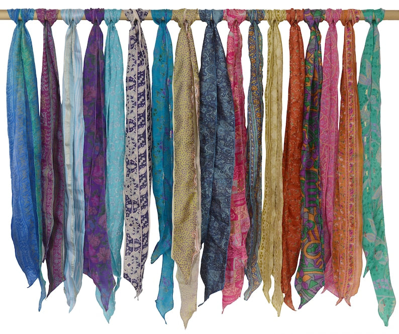 Lot of 200 Pcs Vintage Silk Recycle Sari Sashes Head Wrap Neck Tie Scarf Silk Belt Soft Fabric-Crafting Use Silk Sashes - 2
