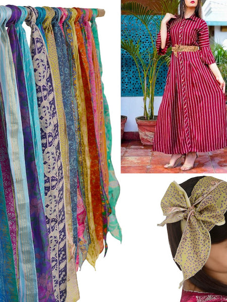 Lot of 200 Pcs Vintage Silk Recycle Sari Sashes Head Wrap Neck Tie Scarf Silk Belt Soft Fabric-Crafting Use Silk Sashes - 3
