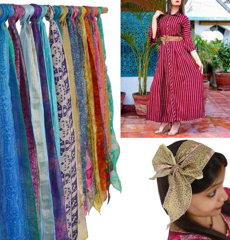 Lot of 200 Pcs Vintage Silk Recycle Sari Sashes Head Wrap Neck Tie Scarf Silk Belt Soft Fabric-Crafting Use Silk Sashes