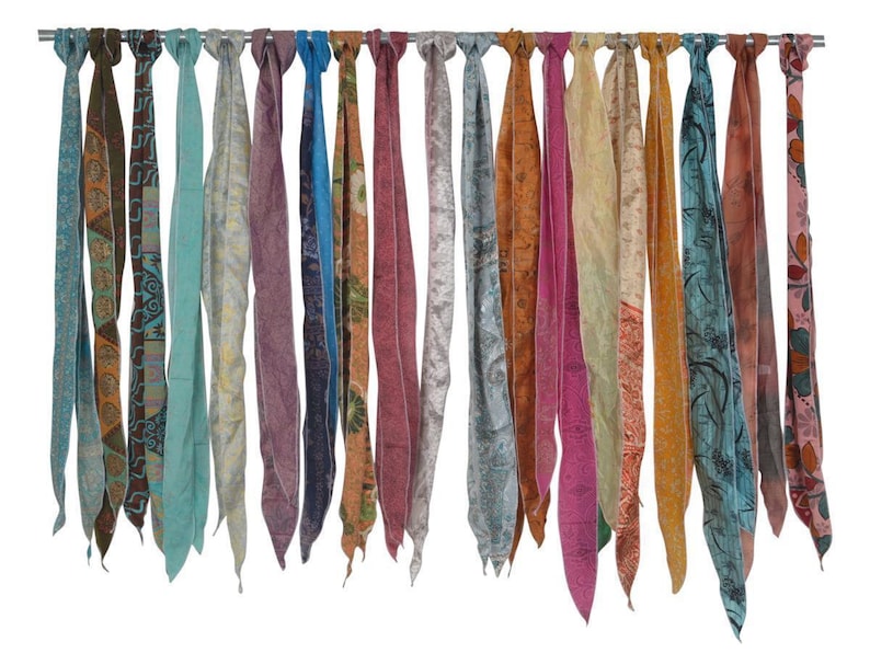 Lot of 200 Pcs Vintage Silk Recycle Sari Sashes Head Wrap Neck Tie Scarf Silk Belt Soft Fabric-Crafting Use Silk Sashes - 4