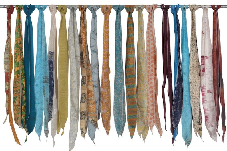 Lot of 200 Pcs Vintage Silk Recycle Sari Sashes Head Wrap Neck Tie Scarf Silk Belt Soft Fabric-Crafting Use Silk Sashes - 4