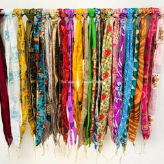 Lot of 200 Pcs Vintage Silk Recycle Sari Sashes Head Wrap Neck Tie Scarf Silk Belt Soft Fabric-Crafting Use Silk Sashes - 1