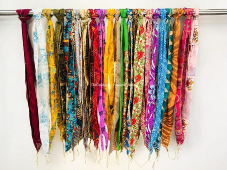 Lot of 200 Pcs Vintage Silk Recycle Sari Sashes Head Wrap Neck Tie Scarf Silk Belt Soft Fabric-Crafting Use Silk Sashes - 1