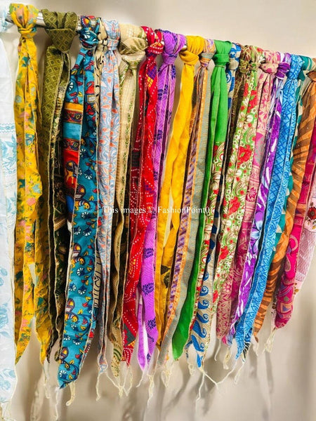 Lot of 200 Pcs Vintage Silk Recycle Sari Sashes Head Wrap Neck Tie Scarf Silk Belt Soft Fabric-Crafting Use Silk Sashes - 1