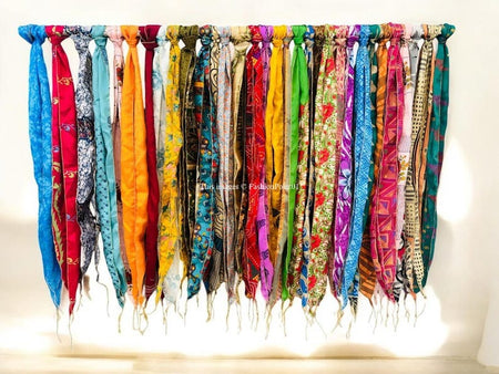 Lot of 200 Pcs Vintage Silk Recycle Sari Sashes Head Wrap Neck Tie Scarf Silk Belt Soft Fabric-Crafting Use Silk Sashes - 1