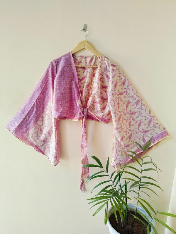 Indian Vintage Silk Crop Top, Silk Sari Crop Top, Bell Sleeves Crop Top, Front Tie Top, Women's Crop Top, Summer Wear Crop Top - 1
