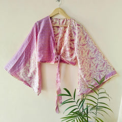 Indian Vintage Silk Crop Top, Silk Sari Crop Top, Bell Sleeves Crop Top, Front Tie Top, Women's Crop Top, Summer Wear Crop Top - 1