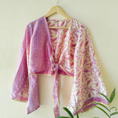 Indian Vintage Silk Crop Top, Silk Sari Crop Top, Bell Sleeves Crop Top, Front Tie Top, Women's Crop Top, Summer Wear Crop Top - 1
