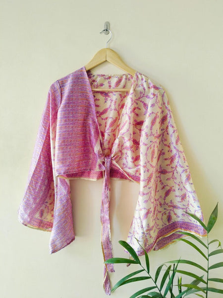 Indian Vintage Silk Crop Top, Silk Sari Crop Top, Bell Sleeves Crop Top, Front Tie Top, Women's Crop Top, Summer Wear Crop Top - 1