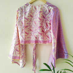 Indian Vintage Silk Crop Top, Silk Sari Crop Top, Bell Sleeves Crop Top, Front Tie Top, Women's Crop Top, Summer Wear Crop Top - 1