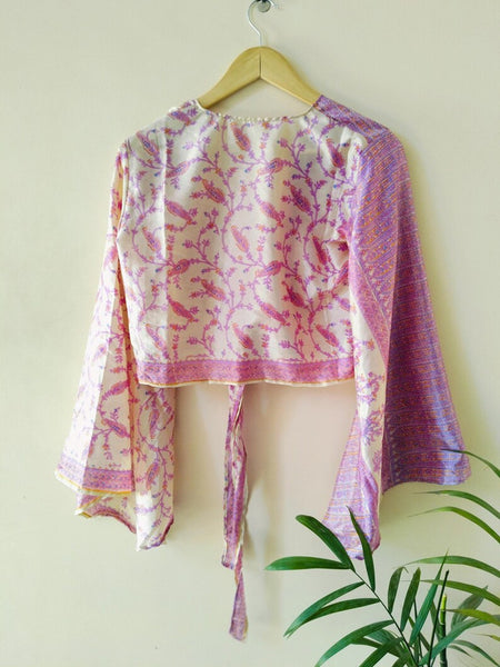 Indian Vintage Silk Crop Top, Silk Sari Crop Top, Bell Sleeves Crop Top, Front Tie Top, Women's Crop Top, Summer Wear Crop Top - 1