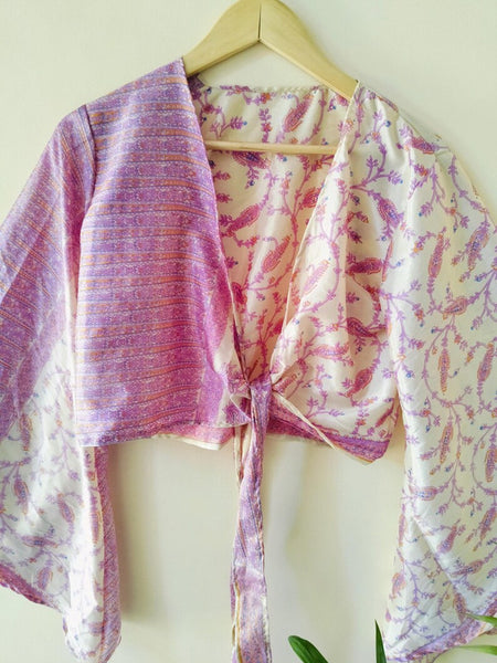 Indian Vintage Silk Crop Top, Silk Sari Crop Top, Bell Sleeves Crop Top, Front Tie Top, Women's Crop Top, Summer Wear Crop Top - 1