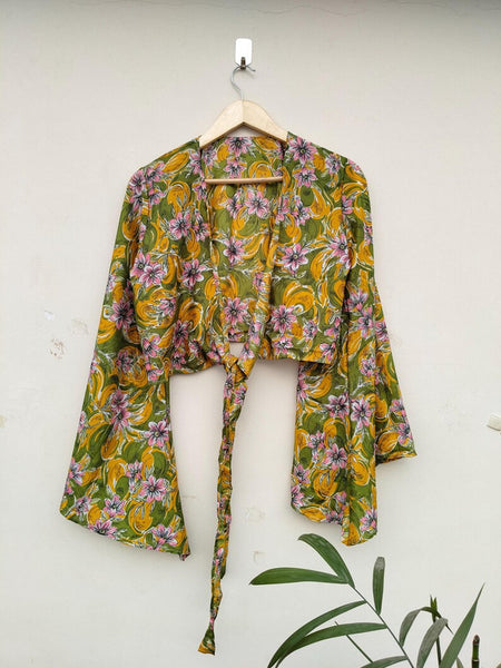 Lot of 10 Pcs Indian Vintage Silk Crop Top, Silk Sari Crop Top, Bell Sleeves Crop Top, Front Tie Top, Women's Crop Top, Summer Wear Crop Top