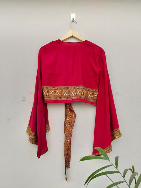 Lot of 10 Pcs Indian Vintage Silk Crop Top, Silk Sari Crop Top, Bell Sleeves Crop Top, Front Tie Top, Women's Crop Top, Summer Wear Crop Top