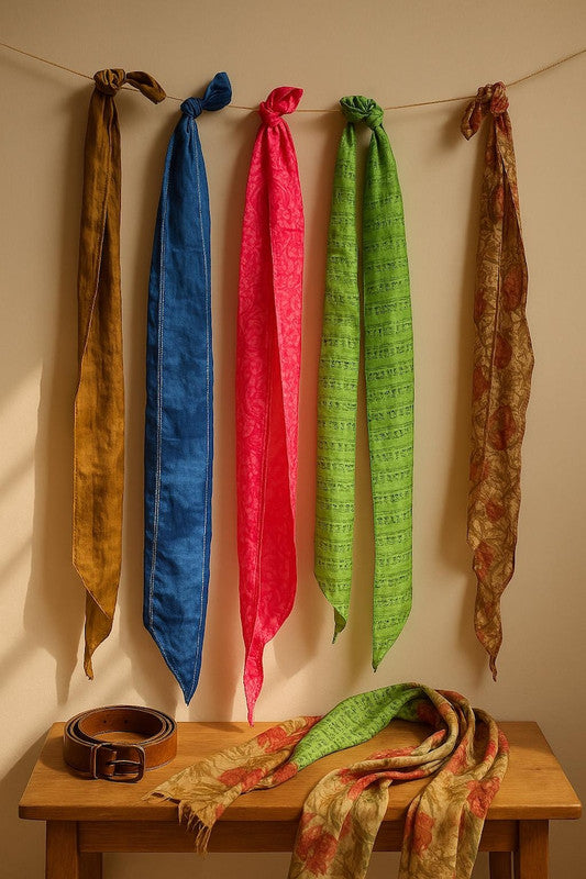 Lot of 200 Pcs Vintage Silk Recycle Sari Sashes Head Wrap Neck Tie Scarf Silk Belt Soft Fabric-Crafting Use Silk Sashes - 2