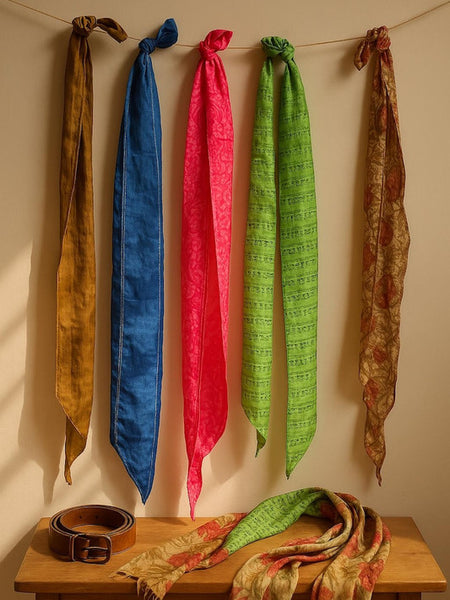 Lot of 200 Pcs Vintage Silk Recycle Sari Sashes Head Wrap Neck Tie Scarf Silk Belt Soft Fabric-Crafting Use Silk Sashes