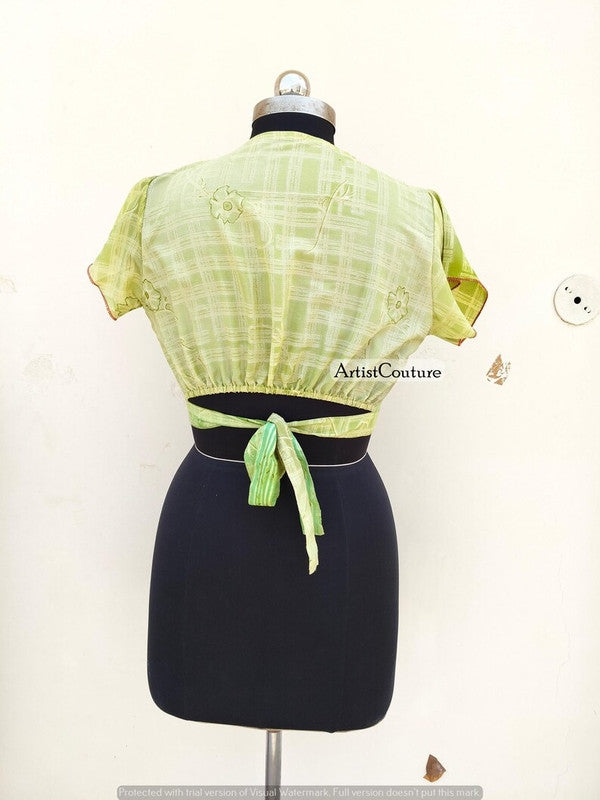 Indian Vintage Silk Crop Top, Silk Sari Crop Top, Bell Sleeves Crop Top, Front Tie Top, Women's Crop Top, Summer Wear Crop Top - 2