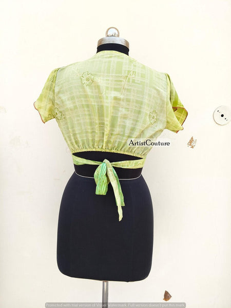 Indian Vintage Silk Crop Top, Silk Sari Crop Top, Bell Sleeves Crop Top, Front Tie Top, Women's Crop Top, Summer Wear Crop Top - 2