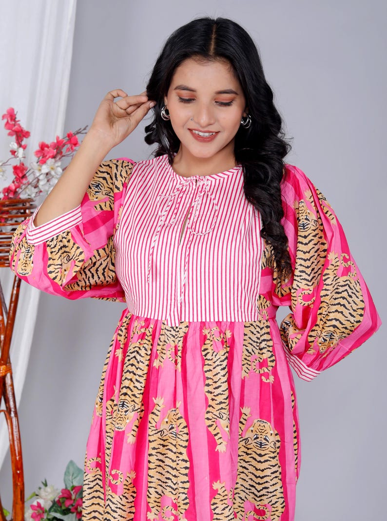 Handmade Pink Stripes Tiger Midi Dress - Cotton Summer Boho Dress with Deep V-Neck & Block Print Design