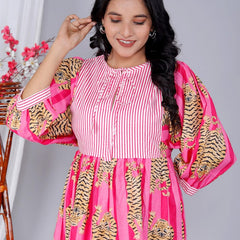 Handmade Pink Stripes Tiger Midi Dress - Cotton Summer Boho Dress with Deep V-Neck & Block Print Design