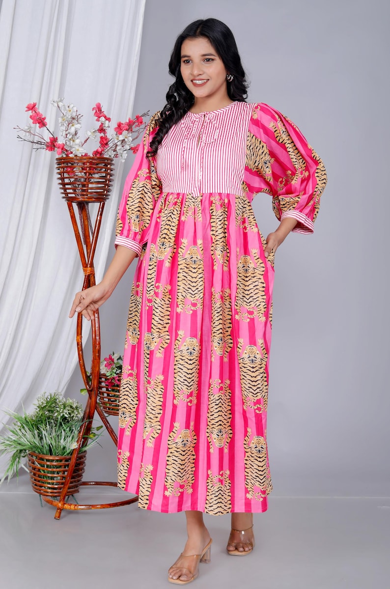 Handmade Pink Stripes Tiger Midi Dress - Cotton Summer Boho Dress with Deep V-Neck & Block Print Design