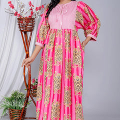 Handmade Pink Stripes Tiger Midi Dress - Cotton Summer Boho Dress with Deep V-Neck & Block Print Design