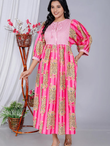 Handmade Pink Stripes Tiger Midi Dress - Cotton Summer Boho Dress with Deep V-Neck & Block Print Design