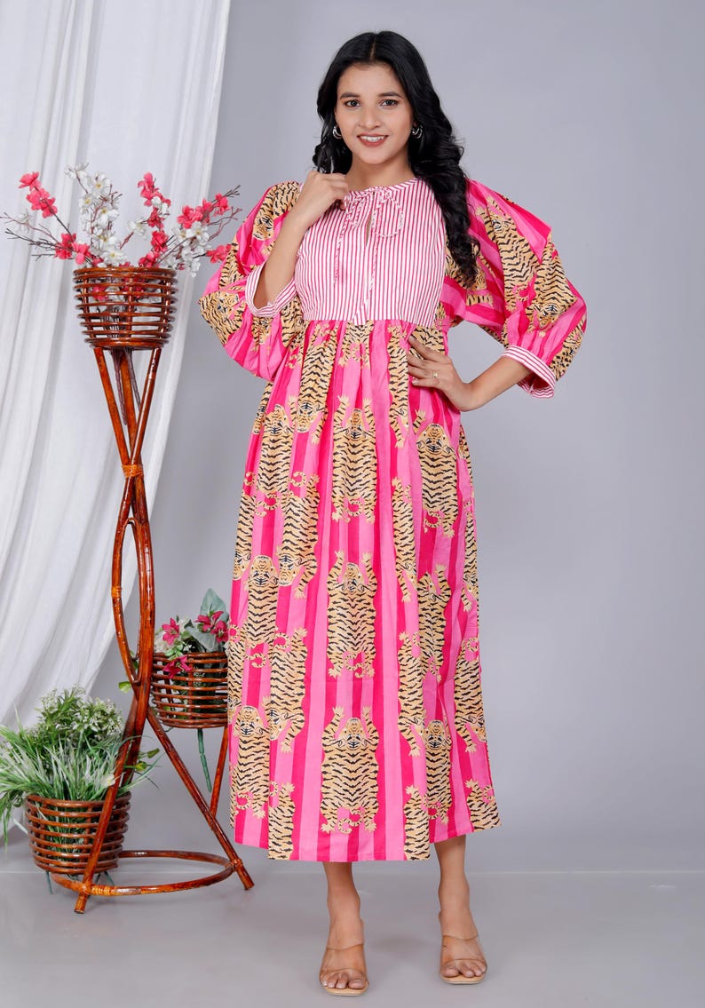 Handmade Pink Stripes Tiger Midi Dress - Cotton Summer Boho Dress with Deep V-Neck & Block Print Design