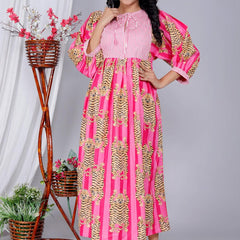 Handmade Pink Stripes Tiger Midi Dress - Cotton Summer Boho Dress with Deep V-Neck & Block Print Design