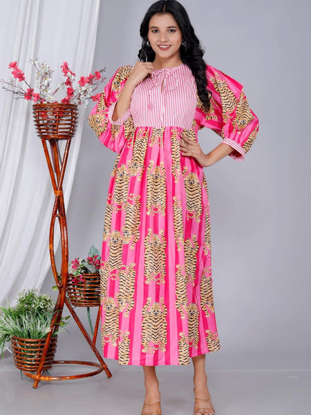 Handmade Pink Stripes Tiger Midi Dress - Cotton Summer Boho Dress with Deep V-Neck & Block Print Design