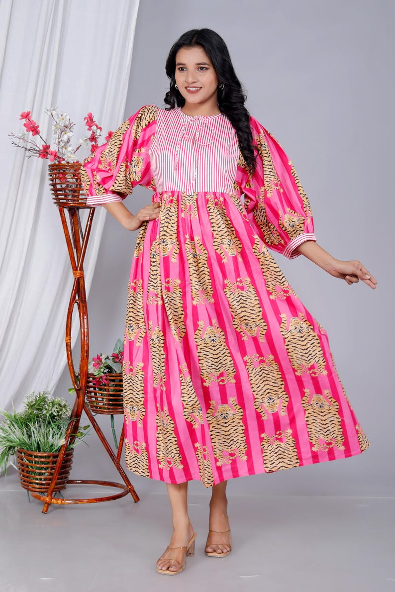 Handmade Pink Stripes Tiger Midi Dress - Cotton Summer Boho Dress with Deep V-Neck & Block Print Design