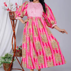 Handmade Pink Stripes Tiger Midi Dress - Cotton Summer Boho Dress with Deep V-Neck & Block Print Design