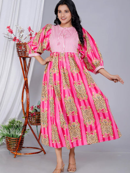 Handmade Pink Stripes Tiger Midi Dress - Cotton Summer Boho Dress with Deep V-Neck & Block Print Design
