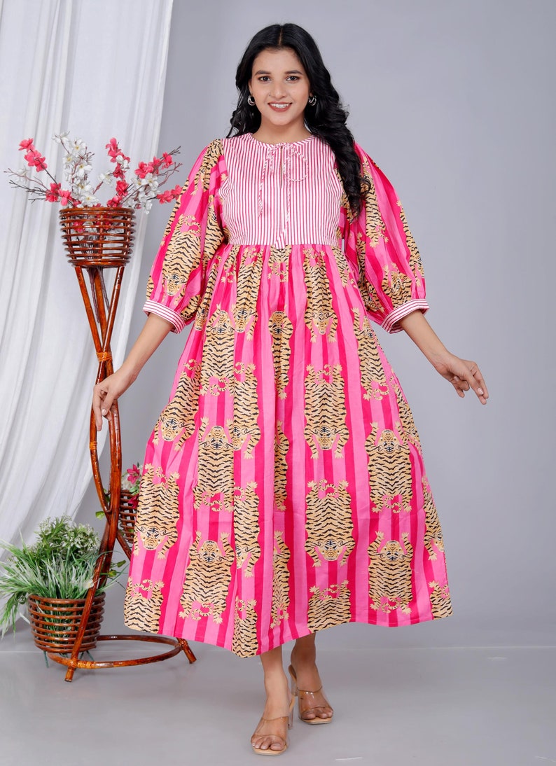 Handmade Pink Stripes Tiger Midi Dress - Cotton Summer Boho Dress with Deep V-Neck & Block Print Design