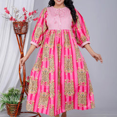 Handmade Pink Stripes Tiger Midi Dress - Cotton Summer Boho Dress with Deep V-Neck & Block Print Design