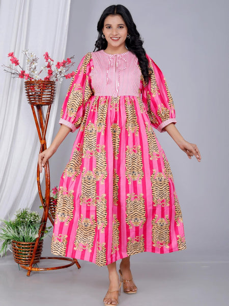 Handmade Pink Stripes Tiger Midi Dress - Cotton Summer Boho Dress with Deep V-Neck & Block Print Design
