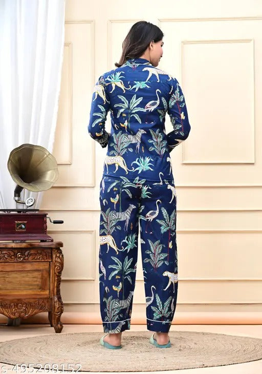 Blue tiger print Cotton Pajama Set - Soft Indian Nightwear | Pure Cotton PJ's & Bridesmaid Gift for Her