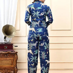 Blue tiger print Cotton Pajama Set - Soft Indian Nightwear | Pure Cotton PJ's & Bridesmaid Gift for Her