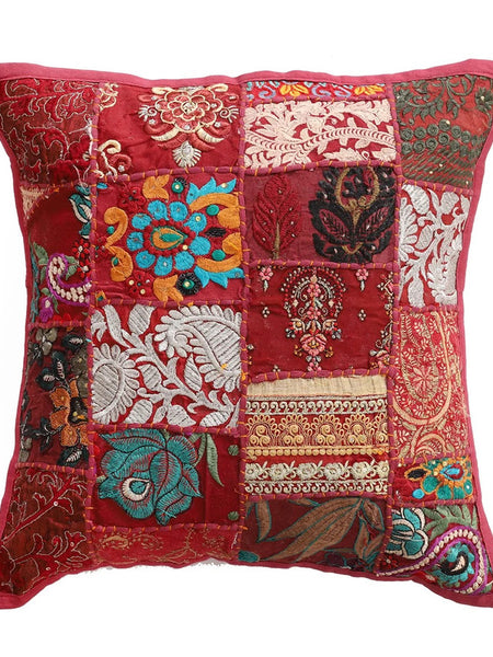 Handmade Indian Embroidered Patchwork Cotton Cushion Cover - 16x16 Inch (40x40 cm) - Artisan Home Decor for Sofa, Couch, Floor, Meditation & Ottoman - 7