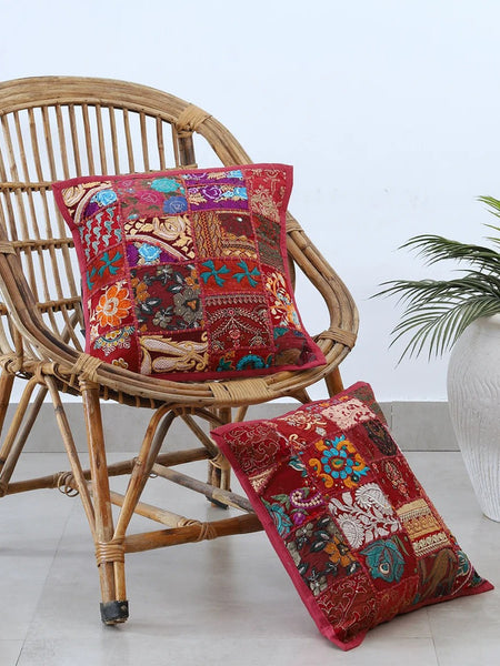 Handmade Indian Embroidered Patchwork Cotton Cushion Cover - 16x16 Inch (40x40 cm) - Artisan Home Decor for Sofa, Couch, Floor, Meditation & Ottoman - 7