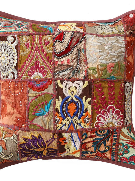 Handmade Indian Embroidered Patchwork Cotton Cushion Cover - 16x16 Inch (40x40 cm) - Artisan Home Decor for Sofa, Couch, Floor, Meditation & Ottoman - 8