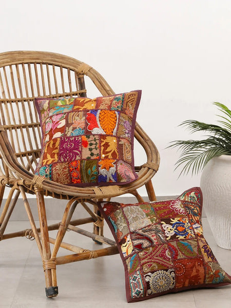 Handmade Indian Embroidered Patchwork Cotton Cushion Cover - 16x16 Inch (40x40 cm) - Artisan Home Decor for Sofa, Couch, Floor, Meditation & Ottoman - 8