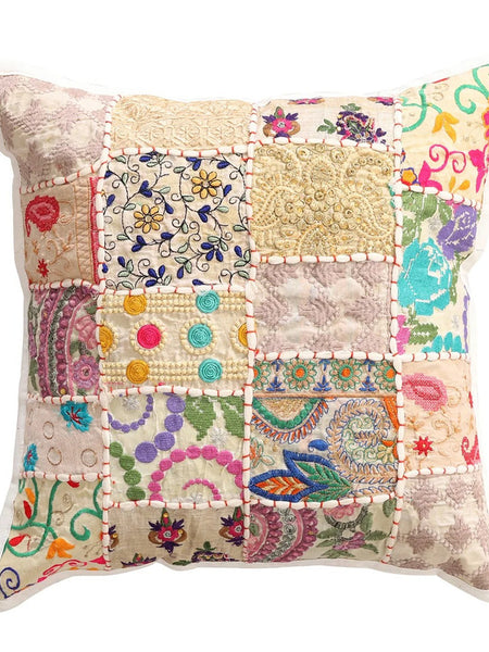 Handmade Indian Embroidered Patchwork Cotton Cushion Cover - 16x16 Inch (40x40 cm) - Artisan Home Decor for Sofa, Couch, Floor, Meditation & Ottoman - 12