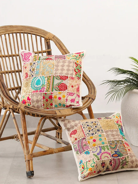 Handmade Indian Embroidered Patchwork Cotton Cushion Cover - 16x16 Inch (40x40 cm) - Artisan Home Decor for Sofa, Couch, Floor, Meditation & Ottoman - 12