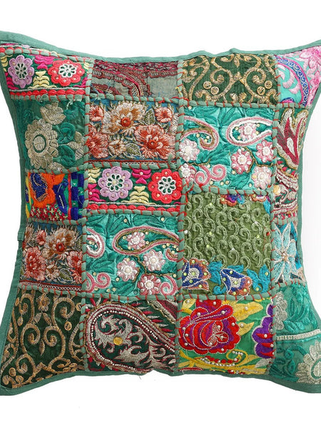 Handmade Indian Embroidered Patchwork Cotton Cushion Cover - 16x16 Inch (40x40 cm) - Artisan Home Decor for Sofa, Couch, Floor, Meditation & Ottoman - 10