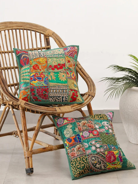 Handmade Indian Embroidered Patchwork Cotton Cushion Cover - 16x16 Inch (40x40 cm) - Artisan Home Decor for Sofa, Couch, Floor, Meditation & Ottoman - 10
