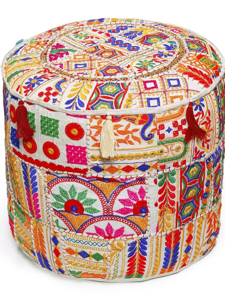Handmade Bohemian Patchwork Cotton Ottoman Pouf Cover - Multicolor Traditional Khambariya Embroidered Indian Floor Pillow, Vintage Footstool, Hippie Gypsy Home Decor - 6